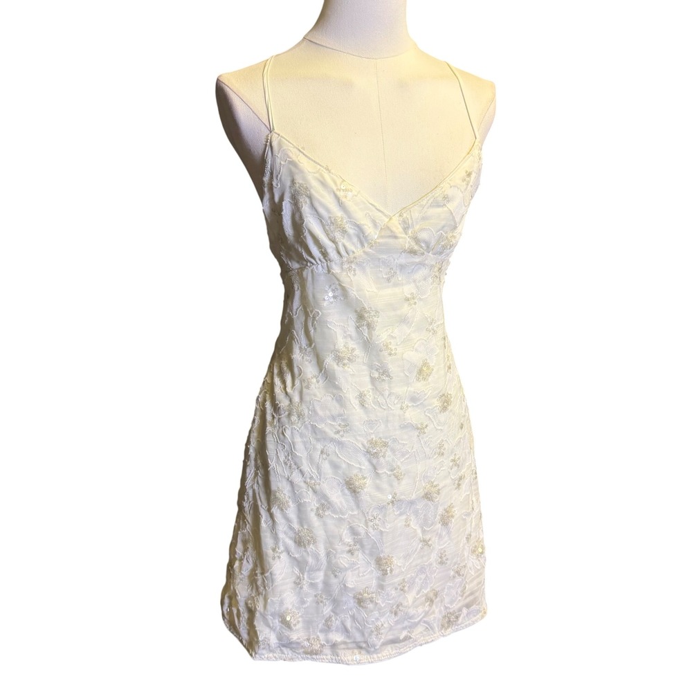 Fairycore Cream Sequin Burnout Slip Dress Lace Up Open Back Whimsigoth Large